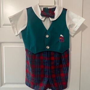 Vintage 1980s Plaid Baby Romper with Bow Tie and Vest